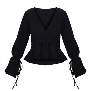 Prettylittlething Black Chiffon Deep Plunge Blouse